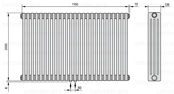 Схема (чертеж) Радиатор Zehnder Charleston 4200/25 №3470 Белый глянцевый RAL 9016